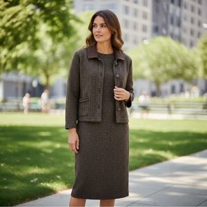 Vtg Sweet Jessie Brown Black Knit 2pc‎ Dress Jacket Set XL Lagenlook Cottagecore